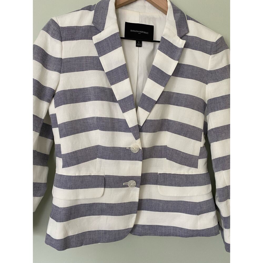 Banana Republic Women's Linen Blend Striped Blue White Nautical Blazer Jacket - Picture 2 of 10